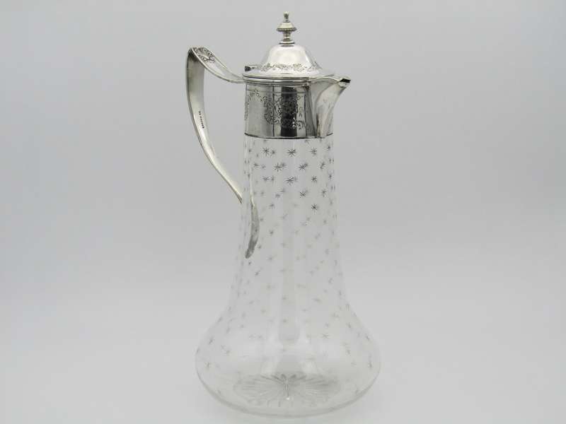Sterling silver mounted cut glass claret jug by Thomas Henry Blake, Sheffield 1913.