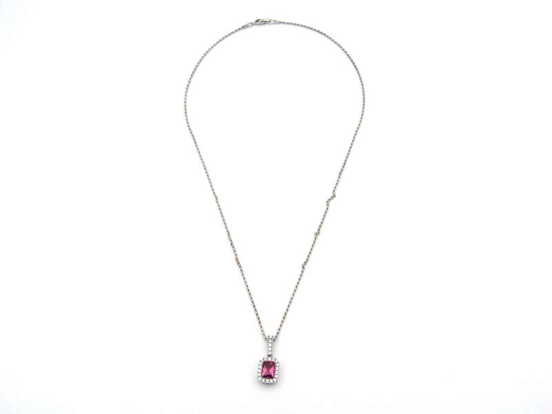 14K white gold Pink Tourmaline and diamonds pendant.