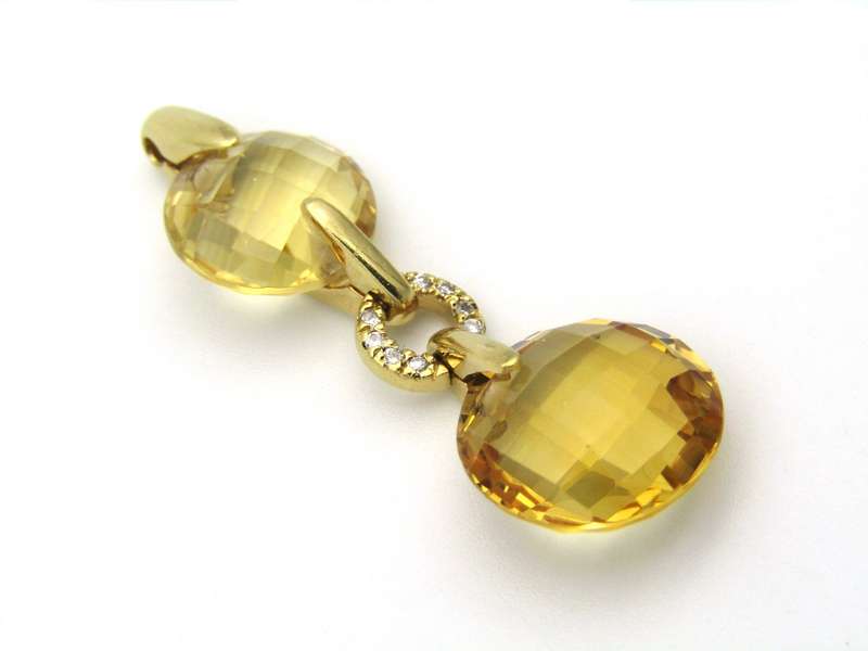 18K gold citrine and diamond pendant by Kiara.