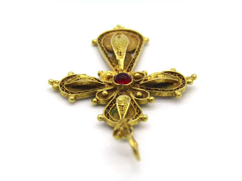 18kt gold filigree ruby cross, Circa 1940.