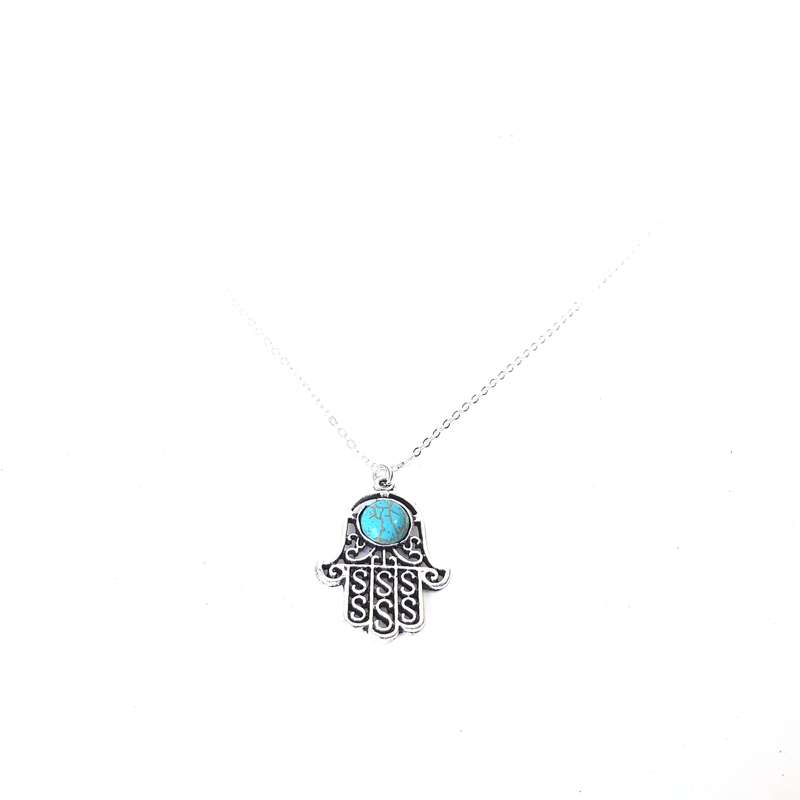 Turquoise Detailed Hamsa Hand Charm Chain Necklace
