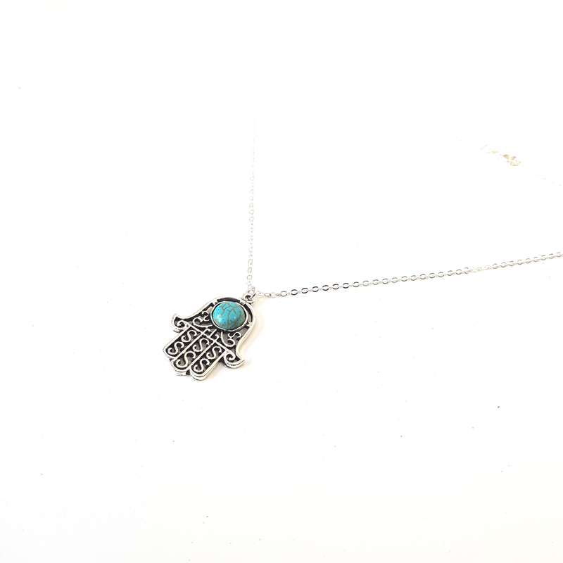 Turquoise Detailed Hamsa Hand Charm Chain Necklace