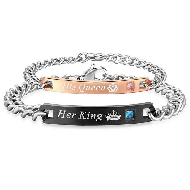 His King Her Queen Couple Bracelets Stainless Steel Crytal Crown Charm Bracelets - lovers