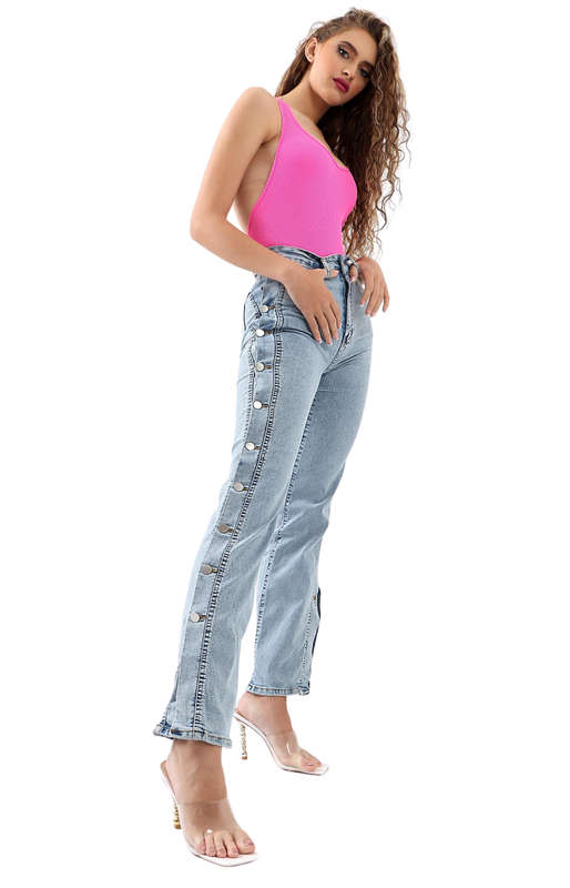 Ladies Side Button Denim Jeans - Blue - Blue / S