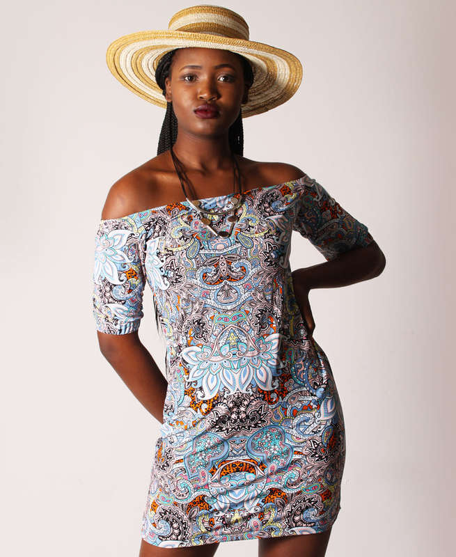 OFF SHOULDER SLINKY DRESS - BLUE