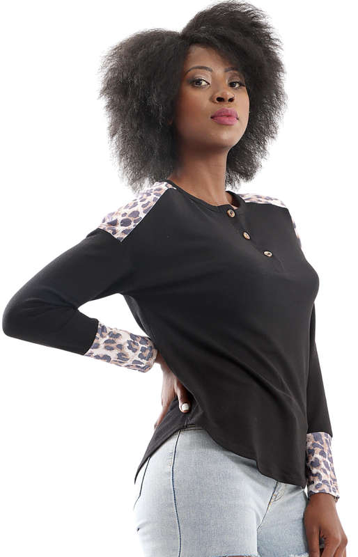 Ladies Animal Print Detail Top - Black - Black / L