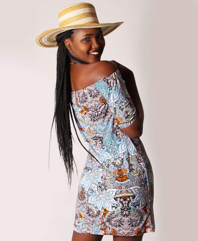 OFF SHOULDER SLINKY DRESS - BLUE