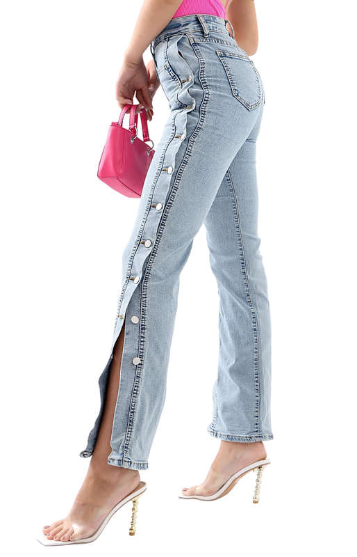 Ladies Side Button Denim Jeans - Blue - Blue / S