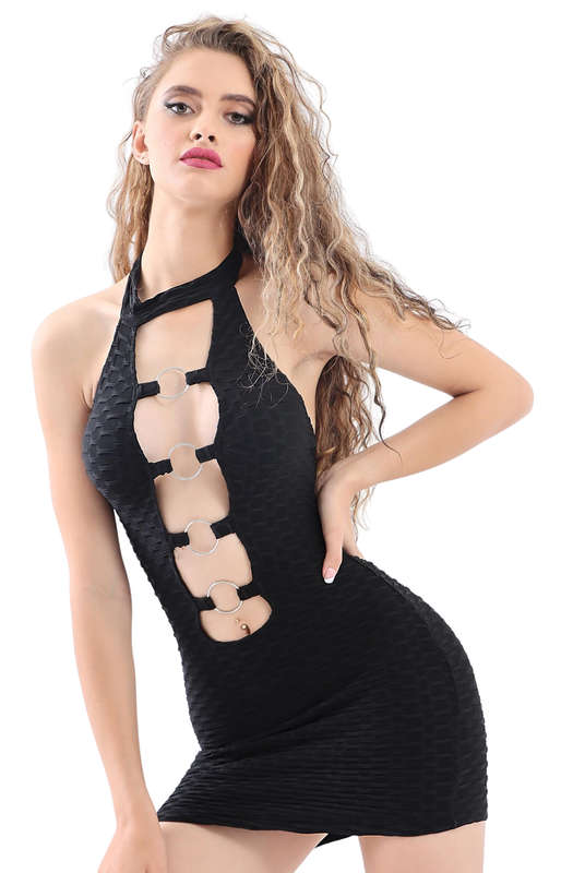 Ladies Front Cut Out Mini Dress - Black - Black / M