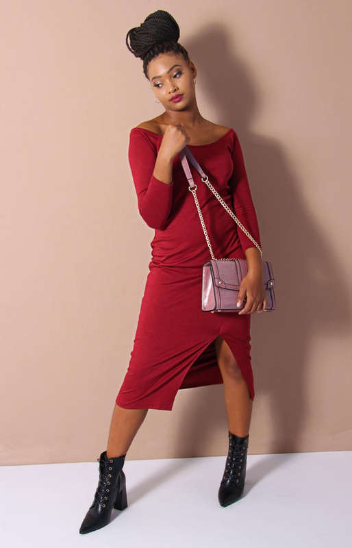 Ladies` Off Shoulder Knit Dress