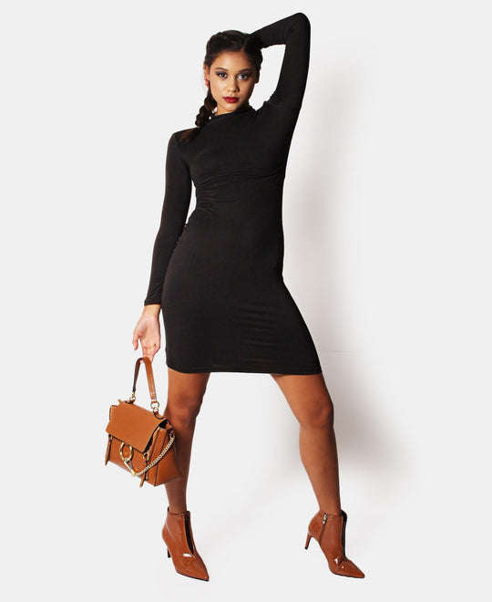 LONG SLEEVE BODYCON DRESS - BLACK