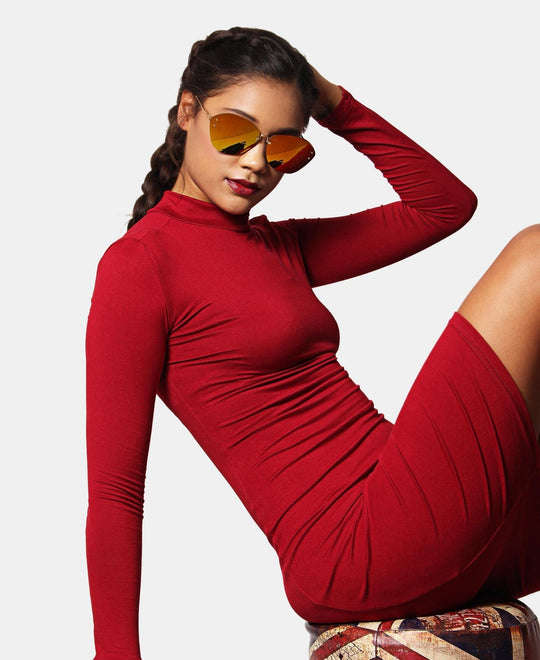 LONG SLEEVE BODYCON DRESS - BURGUNDY