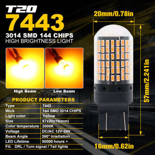 T20 LED Reverse 7443 3014 144 SMD Canbus Turn Light - Amber