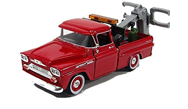 CHEVY APACHE FLEETSIDE PICKUP TOW TRUCK RED 1958 1/24, DIECAST CAR, COLLECTABLE CAR.