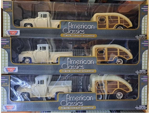 FORD F-100 PU WITH CARAVAN SET WHITE 1956 1/24 EACH, DIECAST CAR, COLLECTABLE CAR.