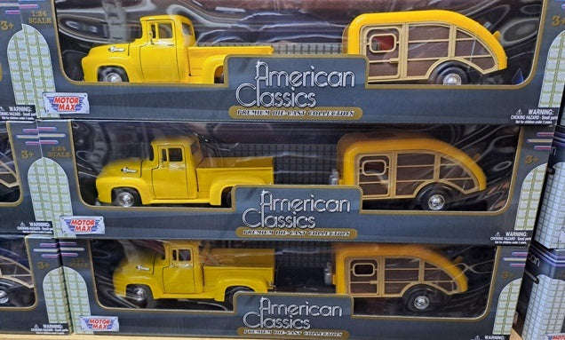 FORD F-100 WITH CARAVAN SET 1955 YELLOW 1/24 EACH, DIECAST CAR, COLLECTABLE CAR.