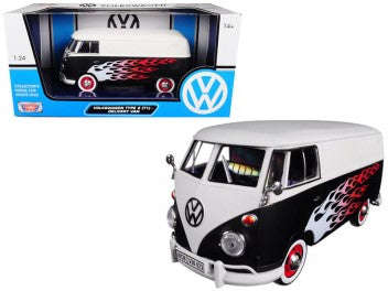 VOLKSWAGEN TYPE 2 (T1) - DELIVERY VAN BLACK/WHITE W FLAMES, DIECAST CAR, COLLECTABLE CAR.