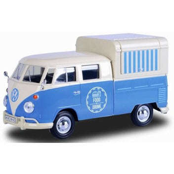 VOLKSWAGEN TYPE 2 T1 FOOD TRUCK WHITE/BLUE 1/24, DIECAST CAR, COLLECTABLE CAR.