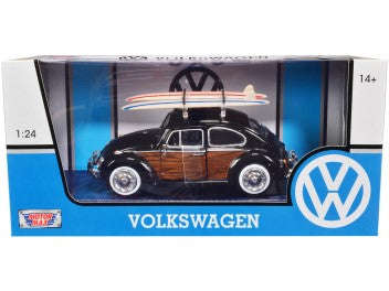 VOLKSWAGEN BEETLE WOODY WITH 2 SURFBOARDS BLACK 1966 1/24, DIECAST CAR, COLLECTABLE CAR.