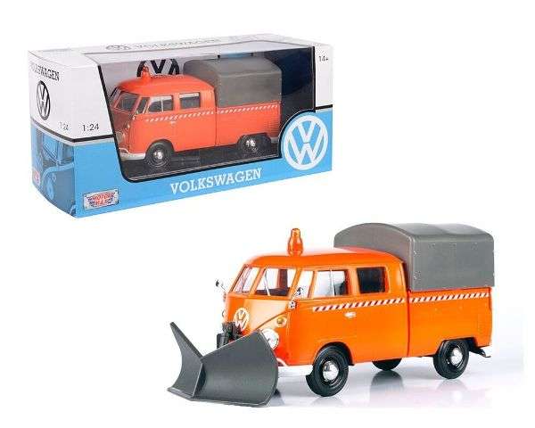 VOLKSWAGEN TYPE 2 (T1) PU WITH SNOWPLOW ORANGE 1/24, DIECAST CAR, COLLECTABLE CAR.