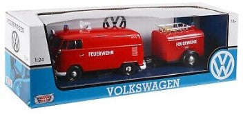 VOLKSWAGEN TYPE 2 (T1) FIRE TRUCK/TRAILER RED 1/24, DIECAST CAR, COLLECTABLE CAR.