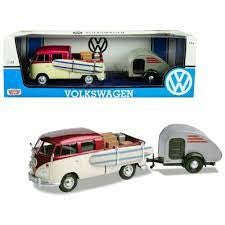 VW TYPE 2 (T1) SURFBOARD PU/TEARDROP TRAILER MAROON/CR 1/24, DIECAST CAR, COLLECTABLE CAR.