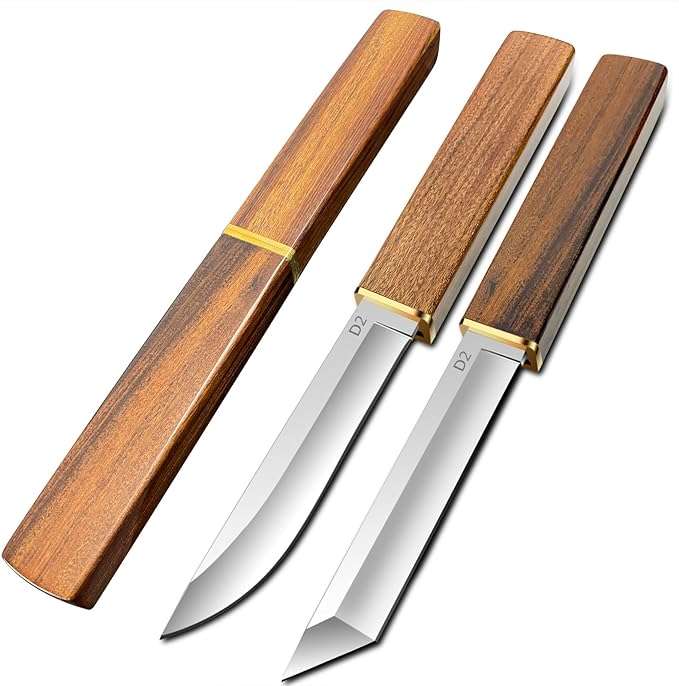 2PCS Katana Japanese Fixed Blade Knife with Wood Handle - D2 Steel Tanto Knife + Drop Point Knife...
