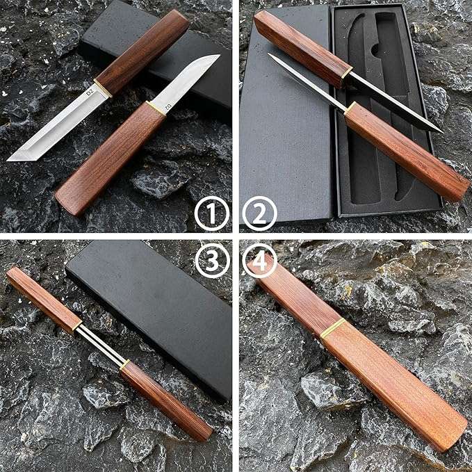 2PCS Katana Japanese Fixed Blade Knife with Wood Handle - D2 Steel Tanto Knife + Drop Point Knife...