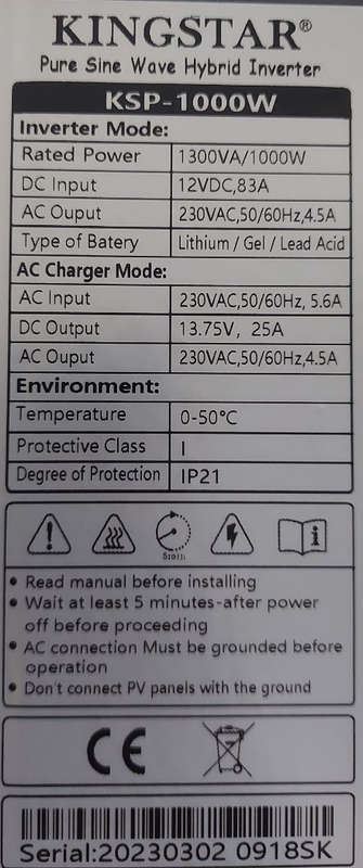 Kingstar 1000W Pure Sine Hybrid Inverter 12V DC