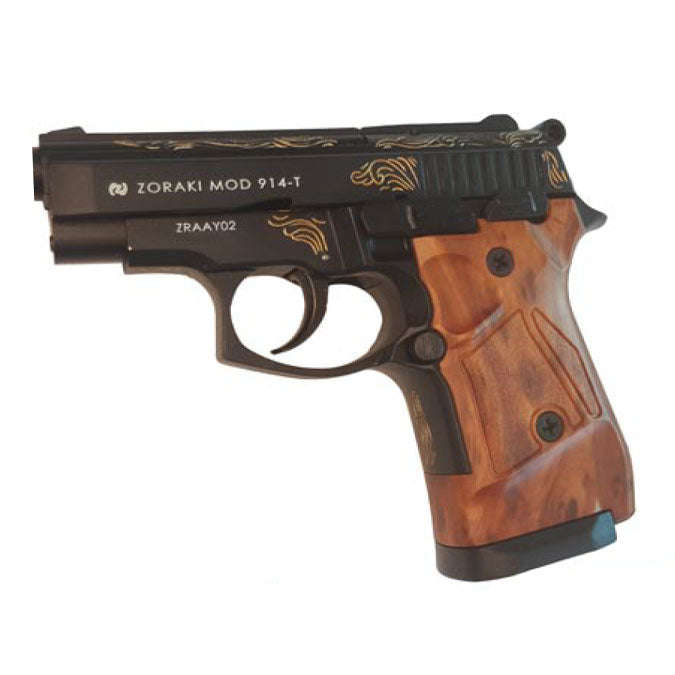 Zoraki 914 - 9mm pepper/teargas/blanks pistol, engraved, black, wooden handle