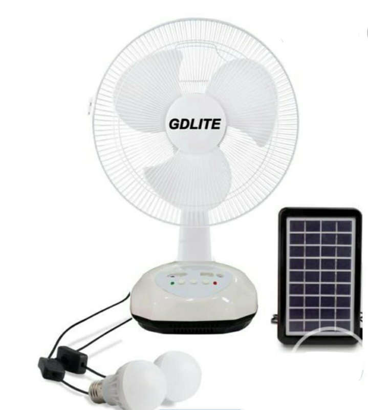 12" Rechargeable Fan With 2 LED Lights - Solar or AC/DC