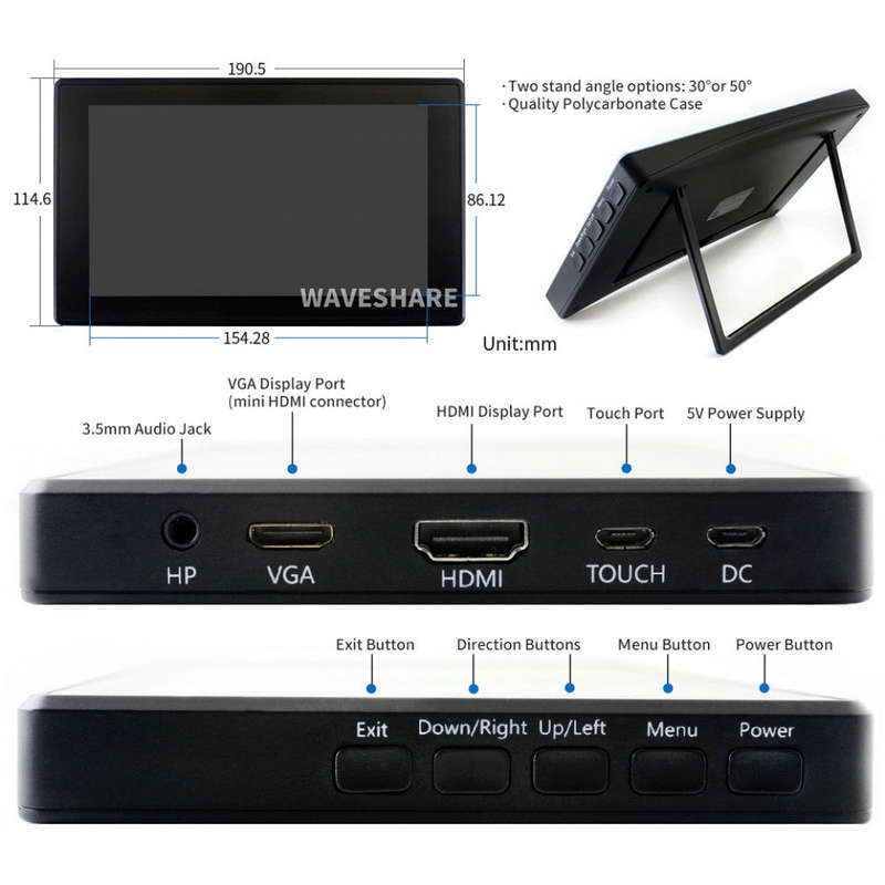 Waveshare 7inch Capacitive Touch Screen LCD (H) with Case, 1024600, HDMI, IPS