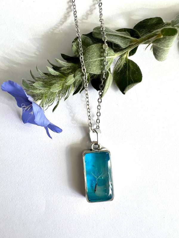 Real Dandelion Rectangle Framed in Water drop effect Resin jewelry