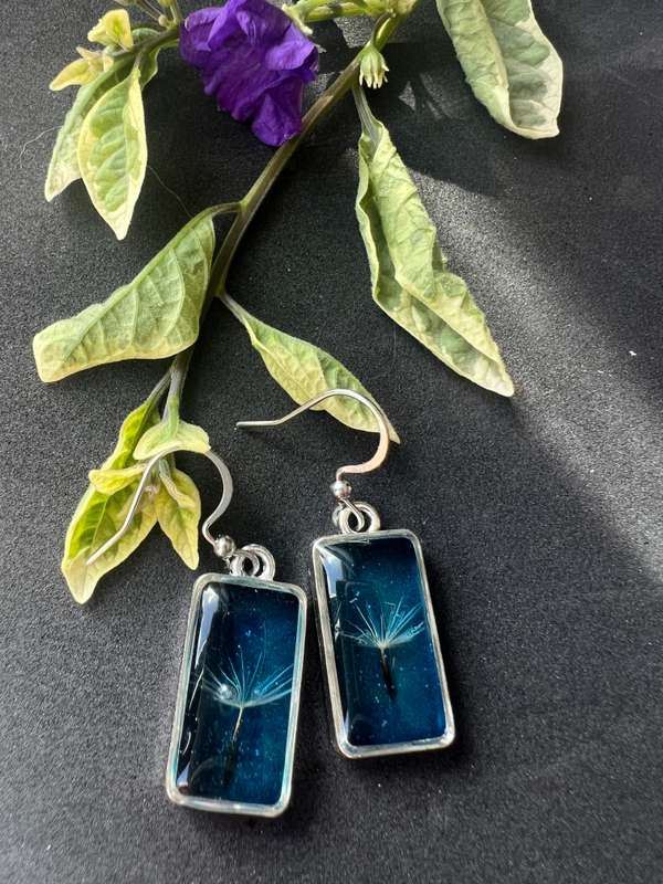 Real Dandelion Rectangle Framed in Water drop effect Resin jewelry