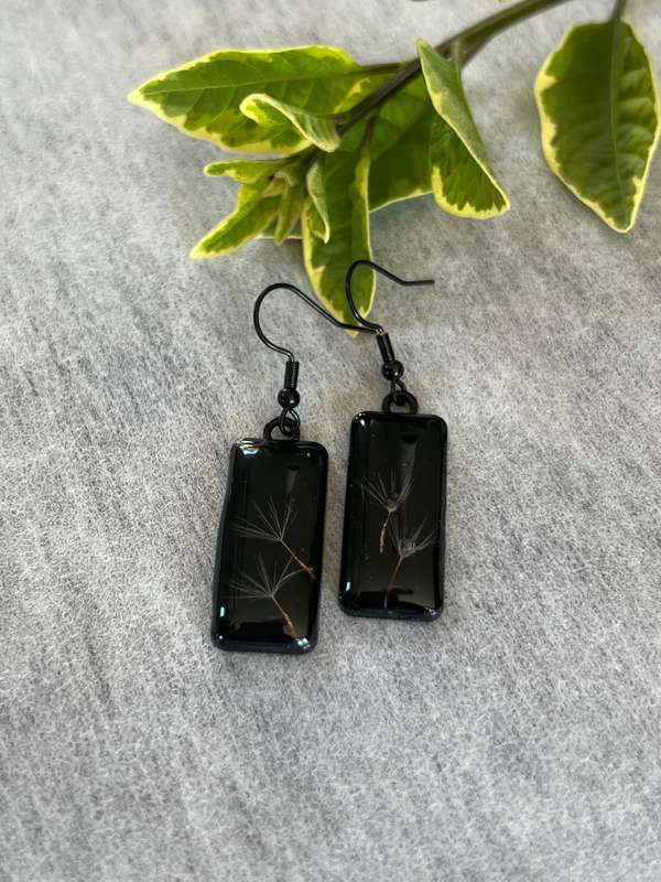 Real Dandelion Earrings in Black Setting Resin jewellery