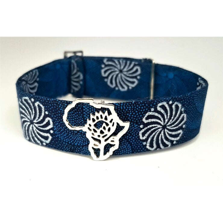 Sterling silver Protea in Africa frame on shweshwe bracelet