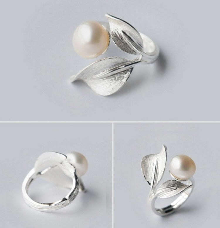 Sterling Silver Plated and Pearl Adjustable Ring