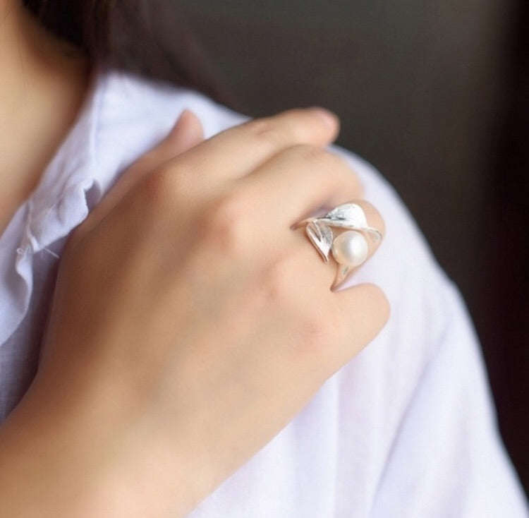 Sterling Silver Plated and Pearl Adjustable Ring
