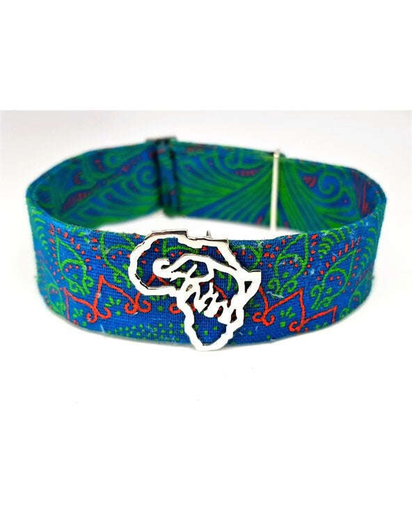Sterling silver elephant in Africa frame on shweshwe bracelet