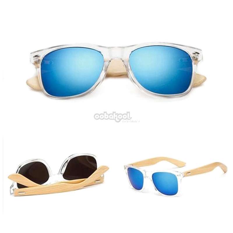 Bamboo Retro Sunglasses / Clear Frame / Anti-Glare Sky Blue Pilot Lenses