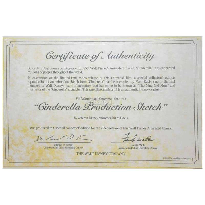 Disney / Cinderella / Marc Davis 1988 Production Sketch / Certificate Of Authenticity