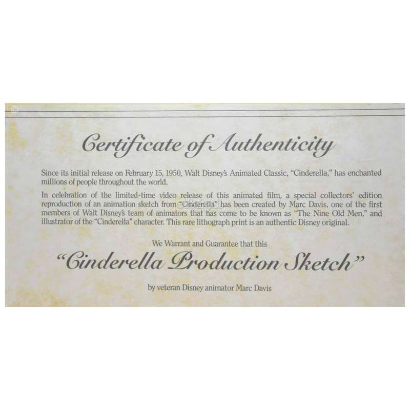Disney / Cinderella / Marc Davis 1988 Production Sketch / Certificate Of Authenticity