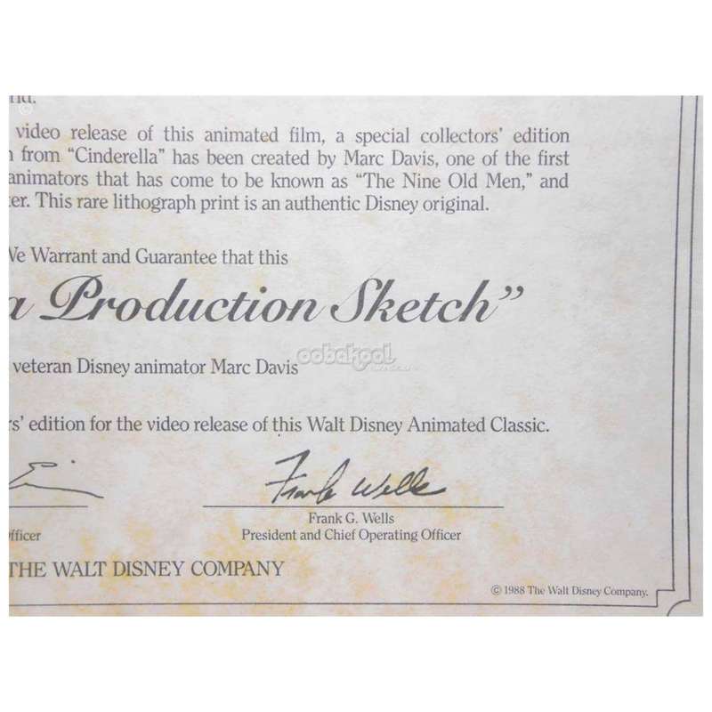 Disney / Cinderella / Marc Davis 1988 Production Sketch / Certificate Of Authenticity
