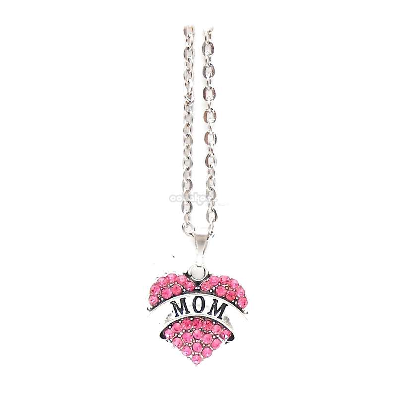 Mom / Heart Diamante Necklace / Various Colours - Pink