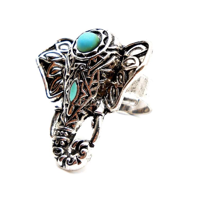 Tibetan Sliver Elephant Ring / Turquoise Stone / Adjustable Size