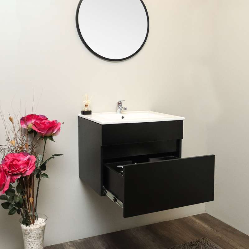 Stylo Floating Vanity Cabinet with White Ceramic Basin | All Black