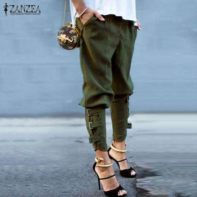 Harem Loose Pockets Elastic Waist Pants Leisure Army Green Pants - ArmyGreen / S
