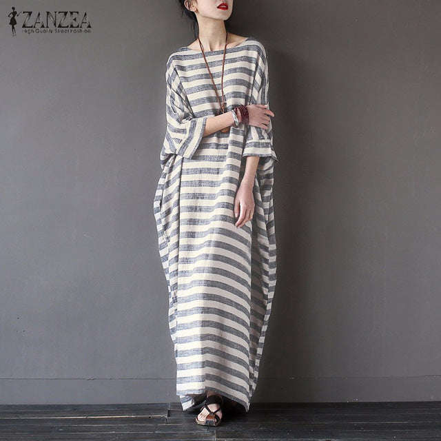 Casual Loose O Neck Batwing Sleeve Maxi Long Dress Plus Size - Gray / L
