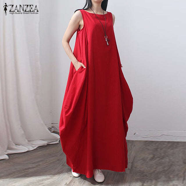 O Neck Sexy Dress Cotton Linen Long Maxi Dresses Casual Loose Retro Solid Plus Size - Red / XL