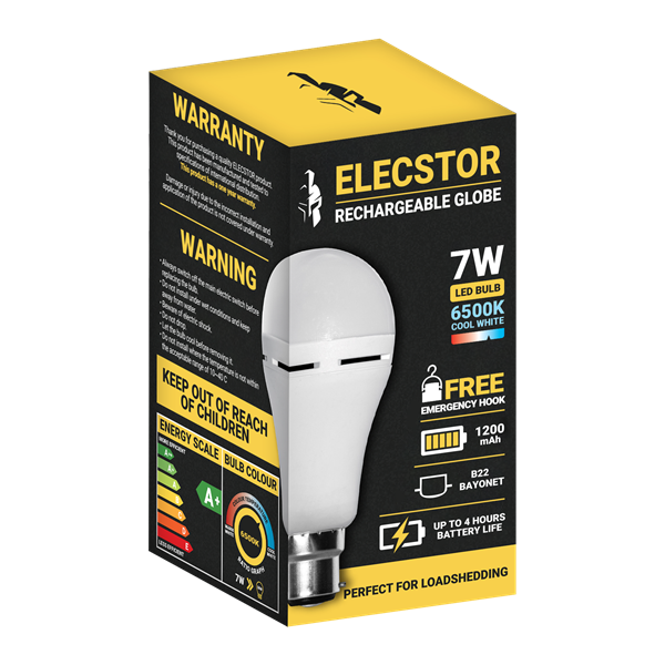 ELECSTOR B22 7W RECHARGEABLE GLOBES - COOL WHITE - Each
